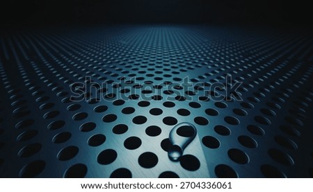 A close-up, low-angle view of a metallic surface with a regular pattern of circular perforations, illuminated with a cool blue light.