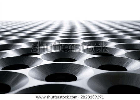 A close-up, low-angle view of a metallic surface with a repeating pattern of circular indentations, creating an abstract and geometric design.