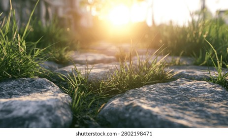 A close-up, low-angle view of a stone pathway with vibrant green grass growing between the stones, illuminated by the warm, golden light of the setting sun.