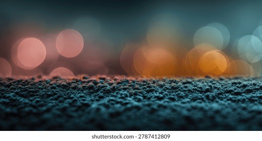 A close-up, low-angle view of a textured surface with blurred, colorful bokeh lights in the background, creating a dreamy atmosphere.