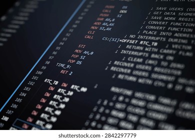 Close-up of low-level programming code displayed on a dark compu