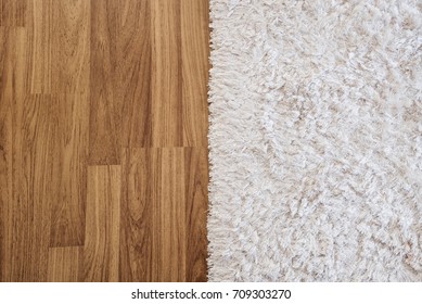 Close-up Luxury White Carpet On Laminate Wood Floor In Living Room, Interior Decoration