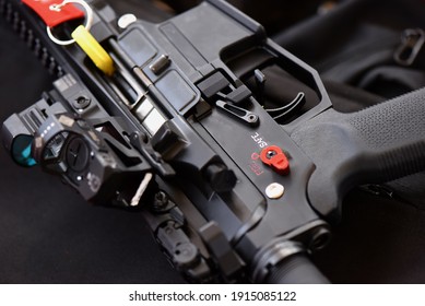 Close-up machine gun is placed in a function position in a safe position. Within the shooting range