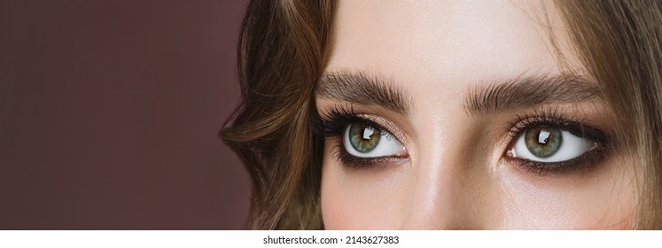 Close-up Macro Of A Beautiful Female Eye With Perfect Shape Eyebrows. Clean Skin, Trendy Make-up, Looking Away Good Eyesight