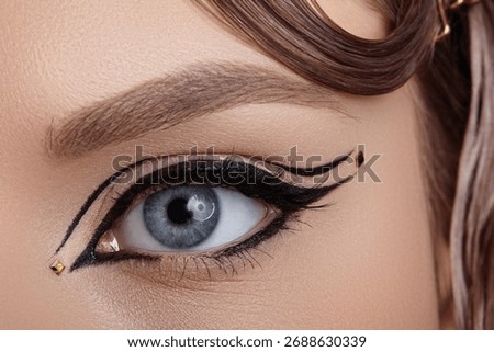 Close-up macro of a blue eye with dramatic black winged eyeliner and precise graphic lines, sharp studio lighting emphasizing lash with eye liner, pigment and editorial beauty makeup