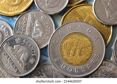Closeup macro of Canadian money coins