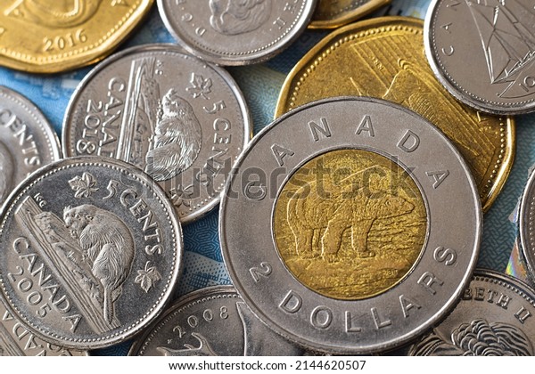 Closeup macro of Canadian\
money coins