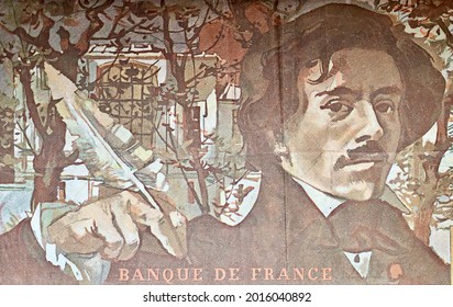 A Close-up Macro Photo Of 1982 French Banknote Of Bank Of France. The Banknote Features A Portrait Of The Painter Eugène Delacroix .