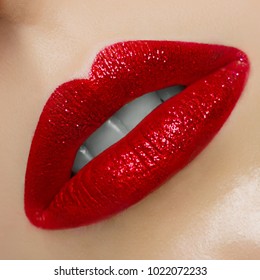 Close-up macro photo of a sexy full bright lips with fur texture, open mouth close up