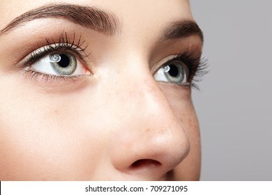 Closeup Macro Portrait Of Female Face. Human Woman Open Eyes With Day Beauty Makeup. Girl With Perfect Skin And Freckles.