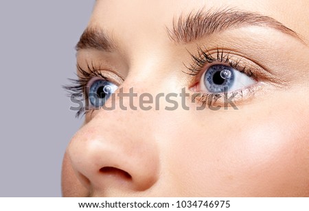 Closeup macro portrait of female face. Human woman open blue eyes with day beauty makeup. Girl with perfect skin and freckles.