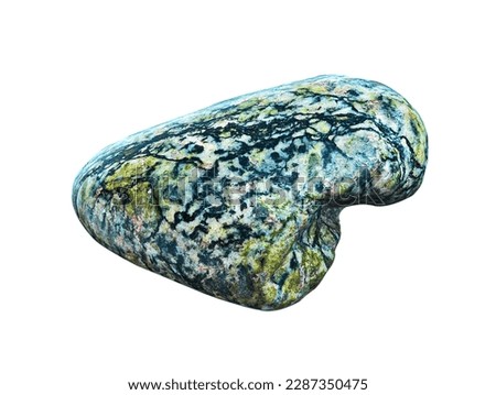 Close-up of macro shooting of pebble of natural mineral stone serpentine (Serpentinite) isolated on white background. Beautiful texture of the green stone.