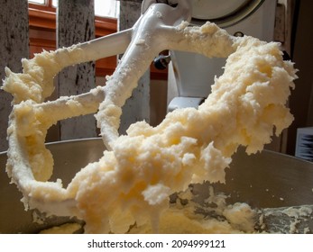 Closeup Macro Of Shortbread Cookie Dough On Paddle Attachment Of Stand Mixer In Kitchen