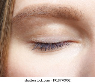 Closeup macro shot of closed human female eye. Woman with natural face beauty makeup.