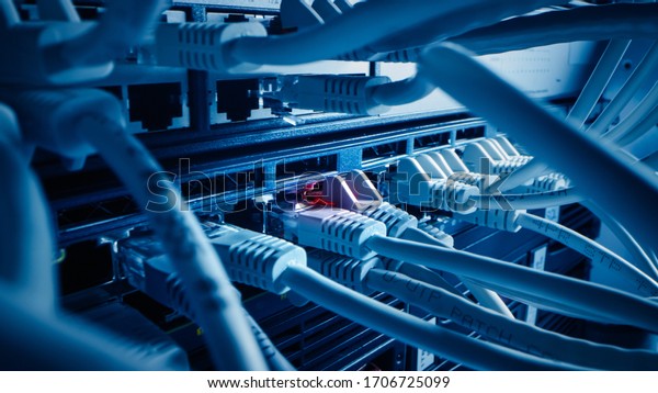 Close-up Macro Shot\
Ethernet Cables Connected to Router Ports with Blinking Lights.\
Telecommunications: RJ45 Device Connectors Plugged into Modem Hubs.\
Secure Data Center.