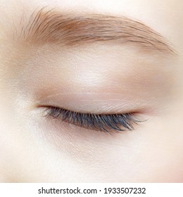 Closeup Macro Shot Of Human Teenager Female Closed Eye. Woman With Natural Face Beauty Makeup.