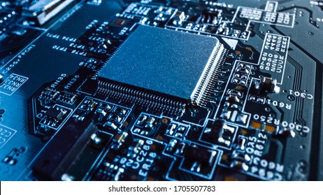Close-up Macro Shot of a Microchip, CPU Processor with Printed Circuit Board / Computer Motherboard with Components: Inside of Electronic Device, Parts of Supercomputer.