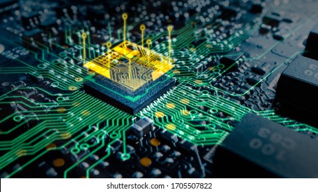 Close-up Macro Shot Of Printed Circuit Board With Computer Motherboard Component Microchip With Augmented Reality Graphics Showing Chip Structure. Inside Of Electronic Device.