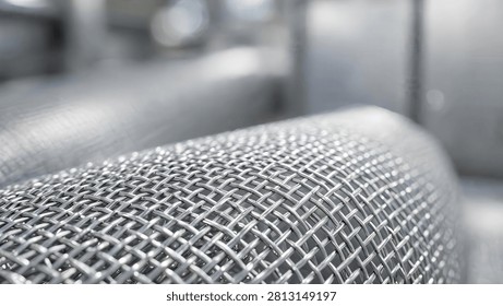 A close-up macro view of a metallic wire mesh screen with a shallow depth of field, highlighting the intricate woven texture and industrial pattern.