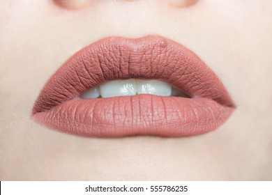 Closeup Macro Woman Lip With Matte Lipstick 