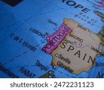 Closeup of Madrid Spain in sharp focus on world map.