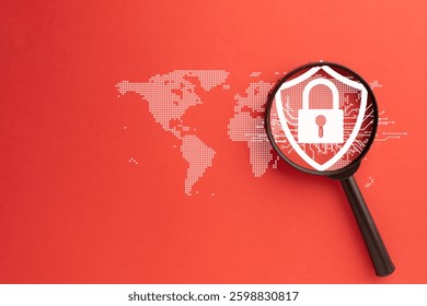 Close-up of a magnifying glass focusing on a digital shield with a lock, symbolizing cybersecurity, data protection, and privacy on a world map background, showcasing global security and technology. - Powered by Shutterstock - Get 15% off with code: PIKWIZARD15
