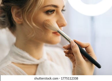 Close-up Of Make-up Artist Putting Rouge On Cheek Of Young Woman Using Brush While Hairdresser Making Hair-do For Young Woman In Beauty Salon. Concept Of Backstage Work.