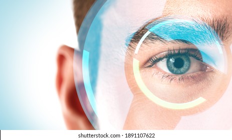 Close-up of male eye with HUD display. Concepts of augmented reality and biometric iris recognition or visual acuity check-up