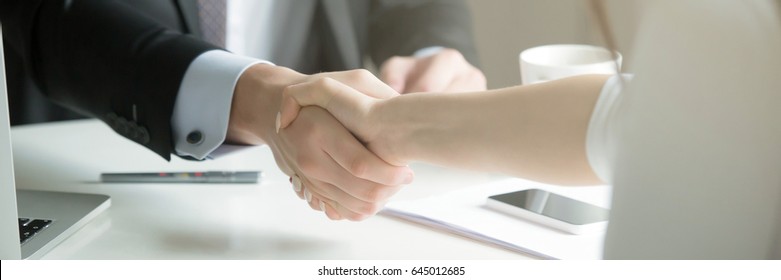 Closeup of male and female hands handshaking after effective negotiation showing mutual respect. Business concept. Horizontal photo banner for website header design with copy space for text 
