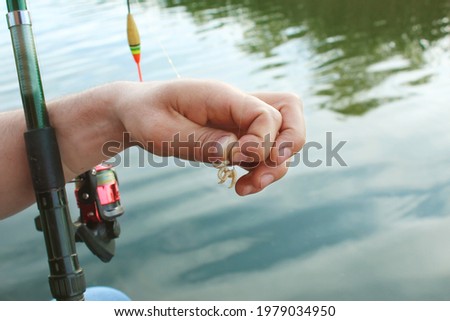 Close-up of the male hand of a fisherman, stringing maggot on the hook of a fishing rod against the backdrop of a blue river. The theme is bait for fish carp, bream, perch, crucian carp