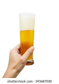 Closeup Of A Male Hand Holding Up A Glass Of Beer Over A White Background.