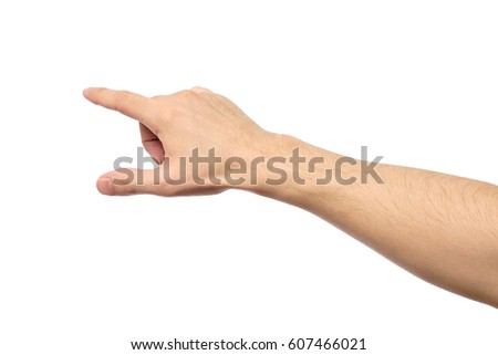 Closeup of male hand pointing. Isolated on white background