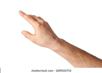 Closeup of male hand pointing. Man hand isolated on white background; clipping path. Man finger points
