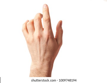 Closeup of male hand pointing. Man hand isolated on white background; clipping path. Man finger points
