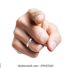 Closeup Of Male Hand Pointing At You, Isolated On White Background