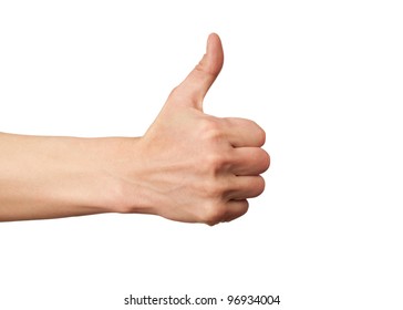 Closeup of male hand showing thumbs up sign against white background - Shutterstock ID 96934004