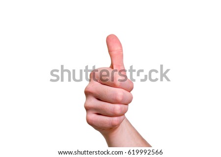 Closeup of male hand showing thumbs up sign against isolated on white background