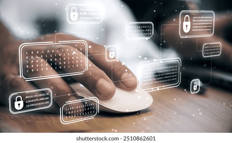 Close-up of a male hand using a computer mouse with floating cybersecurity icons and digital code overlay. Concept of online protection and data security - Powered by Shutterstock