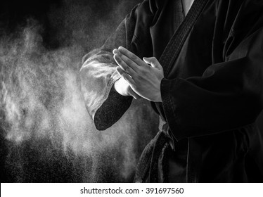 Closeup of male karate fighter hands. Black and white. - Shutterstock ID 391697560