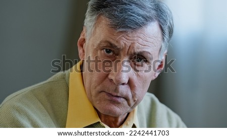 Close-up male portrait webcam view at home Caucasian angry mad face elderly serious old man looking at camera, shaking finger scolding upset talking explain irritation online conversation problem