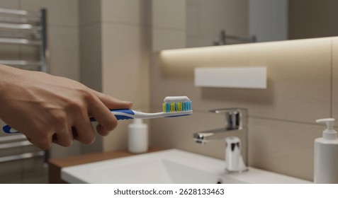 Close-up of man applying toothpaste to toothbrush. Clean bathroom setting with empty space for text or logo. Daily hygiene and dental care routine.
