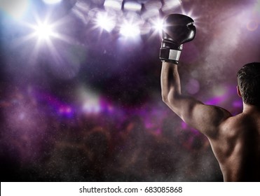 Close-up of man boxer with raised hand in victory gesture. Concept of hard sport, glory and success. Free space for text. High resolution image - Powered by Shutterstock