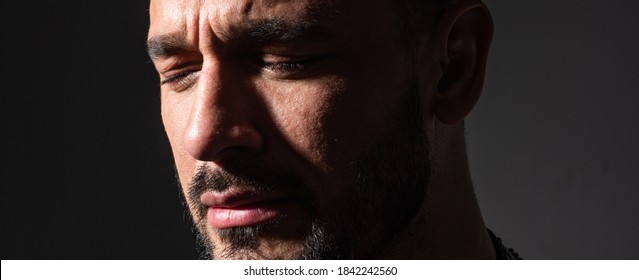 Closeup man crying face. Tears in close eyes of cry guy - Shutterstock ID 1842242560