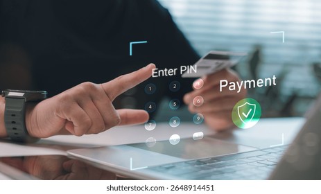 Close-up of a man entering PIN code for secure online payment using credit card and digital interface. Concept of fintech, cybersecurity, and digital banking.