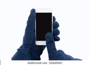 Closeup Of Man With Gloves Using The Smart Phone