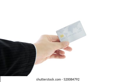 Closeup Man Hand Holding Plastic Credit Card Isolated On White Background.