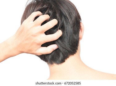 Closeup Man Hand Itchy Scalp, Hair Care Concept