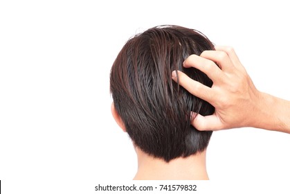 Closeup Man Hand Itchy Scalp, Hair Care Concept