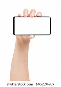 Closeup of a man hand showing a horizontal blank smartphone screen isolated on a white background  - Shutterstock ID 1406134709