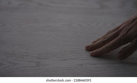 Closeup Man Hand Touch Oak Wood Surface, Wide Photo